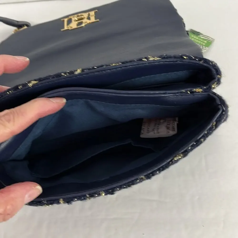 Badgley Mischka Purse Navy Blue Textured Messenger Bag Crossbody Gold Accents - Picture 9 of 11